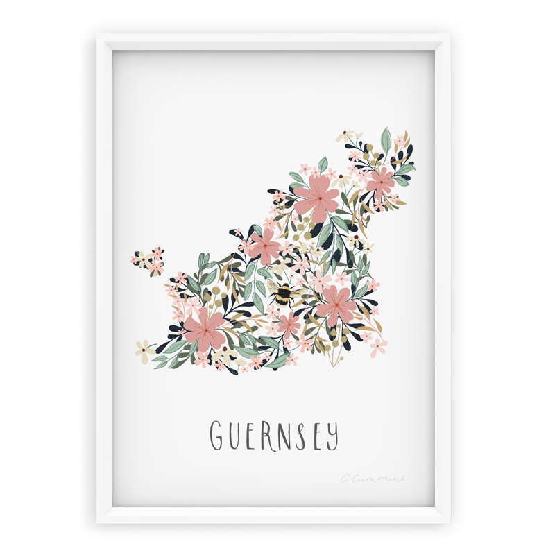 Illustrated floral map of Guernsey with local Guernsey flowers
